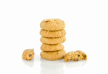 Extreme close-up image of chocolate chips cookies on white background