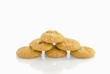 Extreme close-up image of chocolate chips cookies on white background