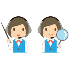 Fototapeta premium ヘッドセットをする青い制服の女性オペレーターがプレゼンと拡大