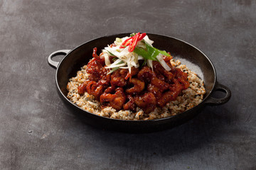 Korean spicy boneless fried chicken legs above the savory rice