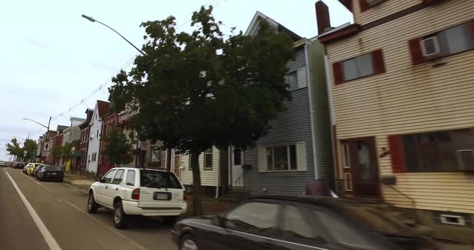 PITTSBURGH - Circa September, 2016 - An establishing shot of typical row houses in the Bloomfield area of Pittsburgh.  	