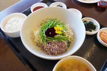 korean says sprout called bibimbap with rice on wooden tray