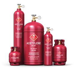 Set of different liquefied acetylene industrial gas containers