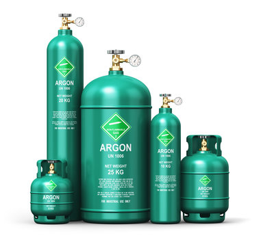 Set of different liquefied argon industrial gas containers