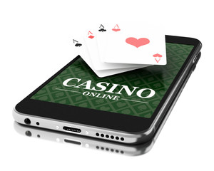 3d Smartphone with poker cards. Online casino concept.