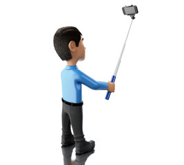 3d Man taking a selfie with selfie stick and smartphone.