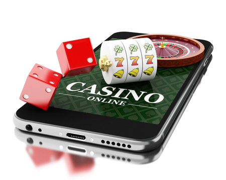 3d Smartphone with roulette and dice. Online casino concept.