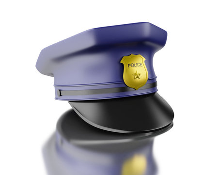 3d Blue officer cop cap on white background.
