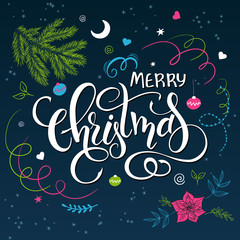 Vector hand drawn lettering - merry christmas - with doodle decorative elements - poinsettia flower, branch, serpentine and snowflake