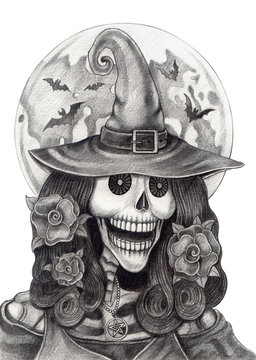 Art skull witch Halloween day.Art design women skull witch smiley face hand pencil Halloween day hand pencil drawing on paper.