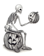 Skull with pumpkin smiley face Halloween day  design by hand pencil drawing on paper.