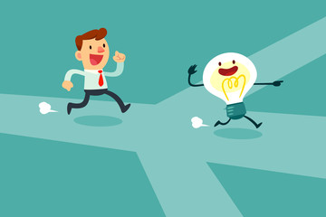 businessman run after idea bulb through the crossroad