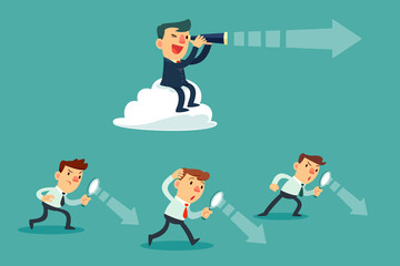 successful businessman with telescope sit on cloud above others