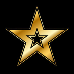 Fototapeta premium Gold american star sign. Golden bright icon isolated on black background. Elegance metal object. Metallic graphic. Design element for award, medal. Symbol holiday, christmas. Vector illustration