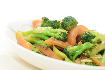 Tomatoes, broccoli positive fry on white background
