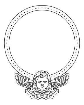 Black and white round  frame with outline cherub in vintage style. Vector custom element for design artworks.