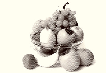 Sketch painting fruit set isolated on white background Black and white