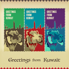 Three Vintage Style Postage Stamps - Greetings From Kuwait - The