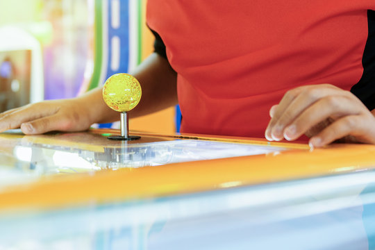 Close up hand control joystick of arcade,Vintage tone,Close up J