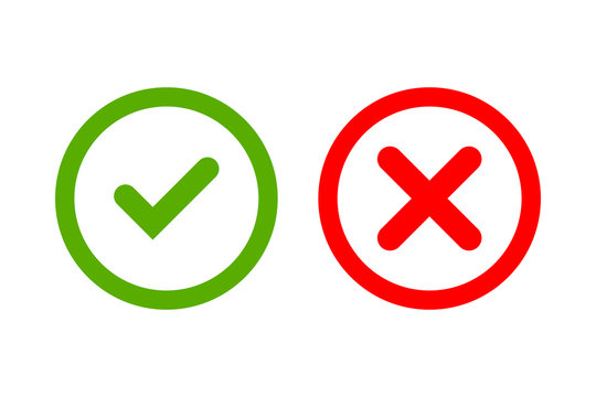 Tick and cross signs. Green checkmark OK and red X icons, isolated on white background. Simple marks graphic design. Circle symbols YES and NO button for vote, decision, web. Vector illustration