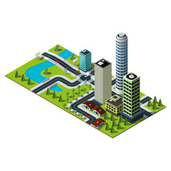 Bridge over the river in downtown. Isometric skyscrapers icon.