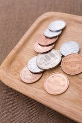 Japanese Yen coins placed on wooden tray