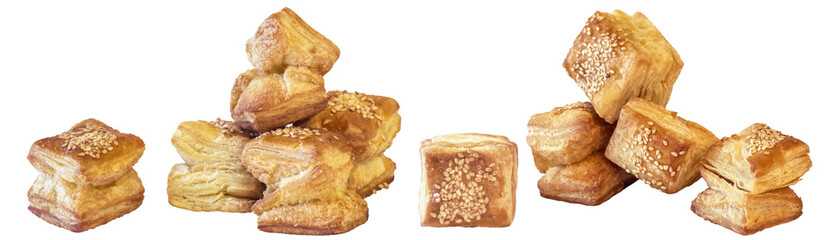 Bunch of Zu-Zu Square Sesame Croissant Puff Pastry Isolated on White Background