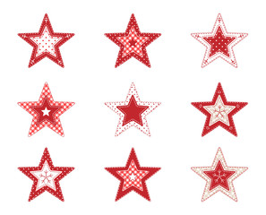 Set of red patchwork decorative stars, on white background, illustration