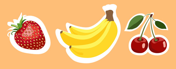 Set of vector colorful fruits stickers on orange.