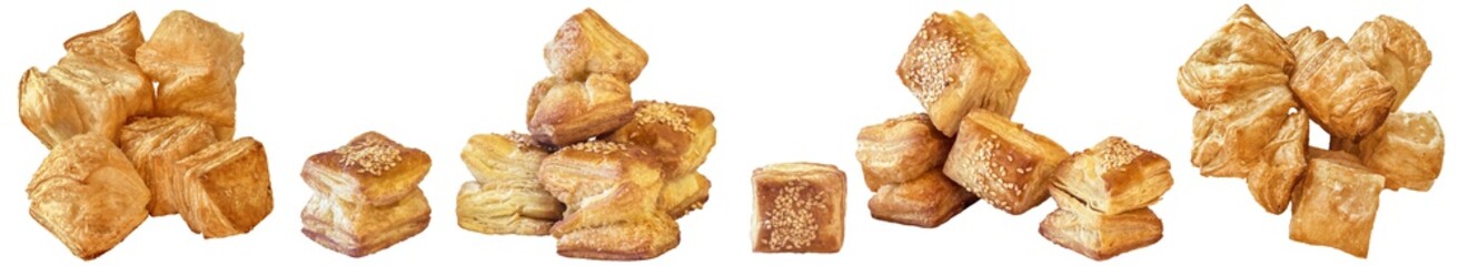 Bunch of Zu-Zu Square Sesame Croissant Puff Pastry Isolated on White Background
