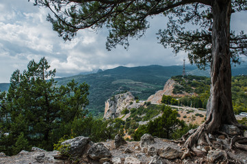 Koshka Rock on shining sea background. Simeiz town, Crimea, Russia