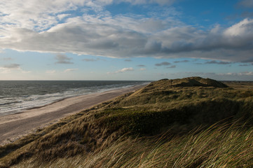 Evening on the beach with sand dunes in Denmark
