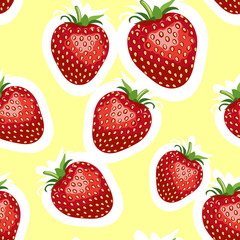 Pattern of realistic image of delicious big strawberries different sizes. Yellow background