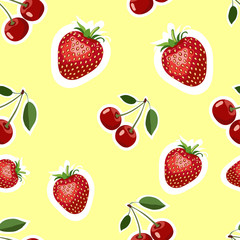 Pattern of realistic image of delicious strawberries and cherry different sizes. Yellow background
