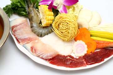 Vietnamese hot pot of shrimp, beef, fresh fish, corn, mushroom,