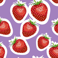 Pattern of realistic image of delicious big strawberries different sizes. Purple background