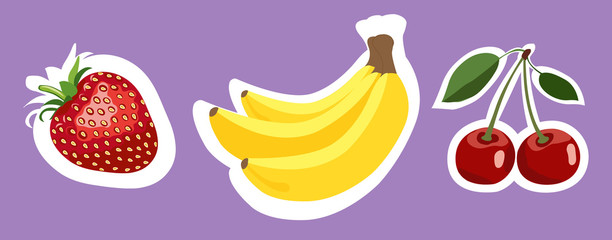 Set of vector colorful fruits stickers on purple.