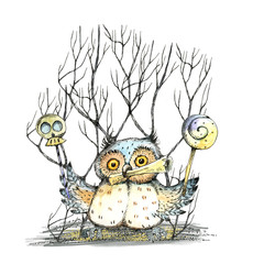 Halloween, a set of drawings, crow, owl, pumpkin, candy, tree, watercolor, ink.
