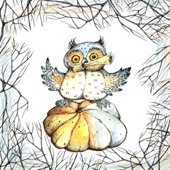 Halloween, a set of drawings, crow, owl, pumpkin, candy, tree, watercolor, ink.