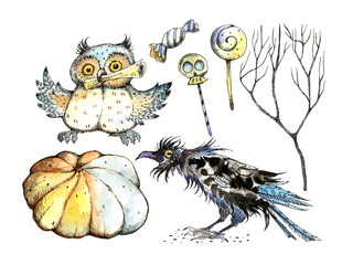 Halloween, a set of drawings, crow, owl, pumpkin, candy, tree, watercolor, ink.