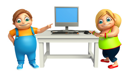 Kid boy and Kid girl with Computer