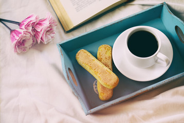 Dreamy image of romantic breakfast in the bed