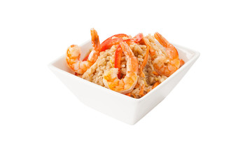 Fried rice with shrimp in white square bowl background