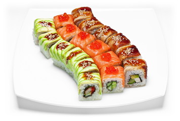 Sushi or kimbap with seafood, rice and vegetables seaweed rolls