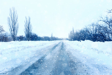 Rural road with snow. Winter concept.