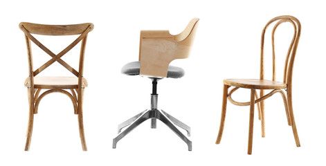 Collage of stylish chairs, isolated on white