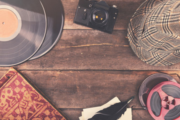 retro accessories on wooden table with copy space