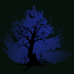 Hand drawn doodle scary tree silhouette. Black illustration, blue painted background.