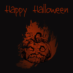 Hand drawn doodle evil pumpkin. Black illustration, red painted background. Happy Halloween.