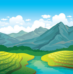 Summer landscape with mountains and river.